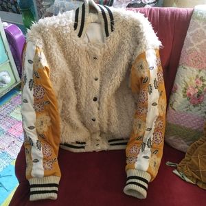 Free People Faux Shearling and Gold Embroidered Bomber Jacket